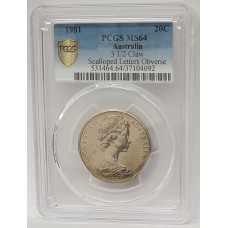 AUSTRALIA 1981 . TWENTY 20  CENTS COIN . VARIETY . 3 1/2 CLAW . SCALLOP LETTERS . PCGS MS64